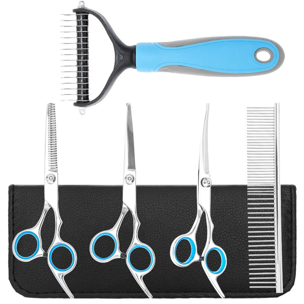 [Australia] - Dog Grooming Scissors with Safety Round Tip - Rake Brush for Dogs - Pet Stainless Steel Grooming Comb, 5 in1 Pet Grooming Kit - Thinning, Straight, Curved Shears for Dogs and Cats 