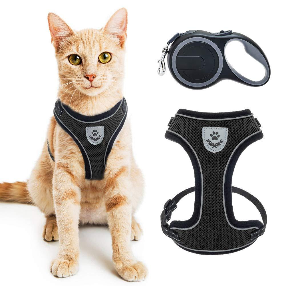 PUPTECK Cat Harness and Retractable Leash Set - Escape Proof Reflective Mesh Walking Vest with Adjustable 16.5ft Leash for Cats Puppies Small Dog Black - PawsPlanet Australia