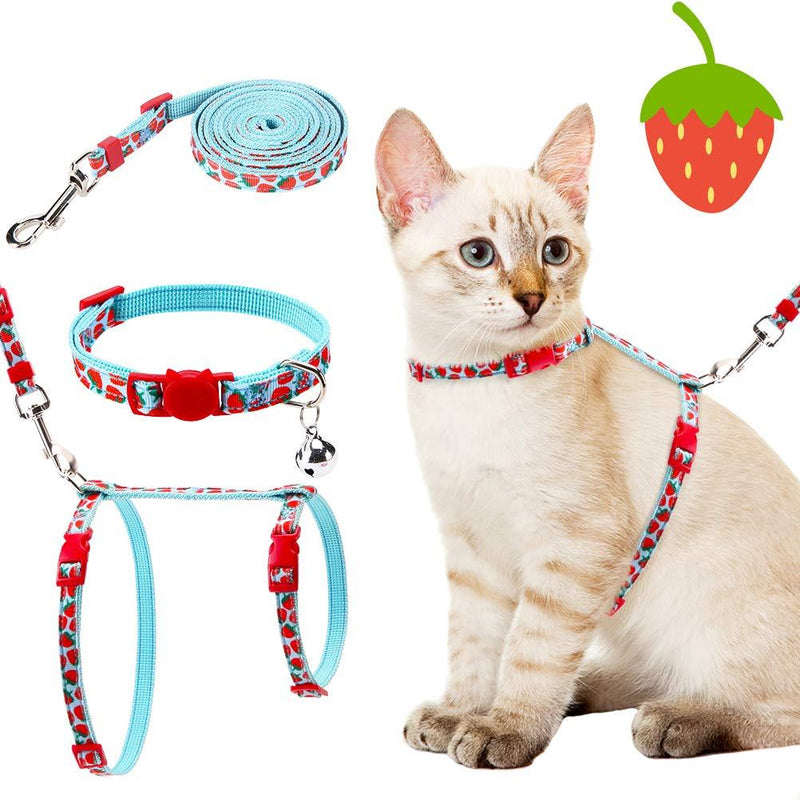 PAWCHIE Cat Harness with Leash and Collar Set - Escape Proof Adjustable H-shped Cat Vest, Soft Comfortable Strap for Cats Outdoor Walking Blue (Strawberry) - PawsPlanet Australia