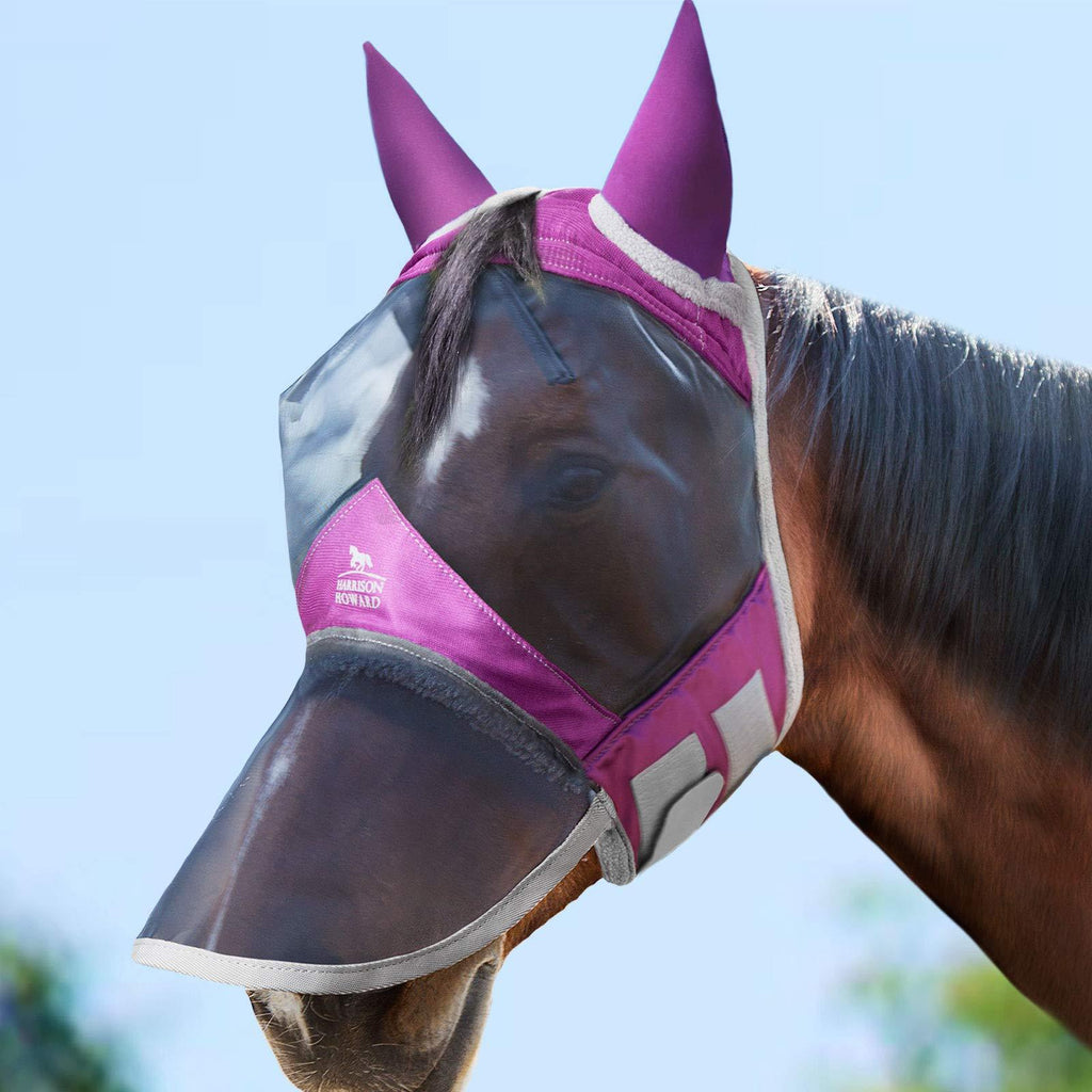 Harrison Howard Soundproof Horse Fly Mask Long Nose with Ears Mesh Fleece Padded UV Protection for Horse Full (Large) Regal Purple - PawsPlanet Australia