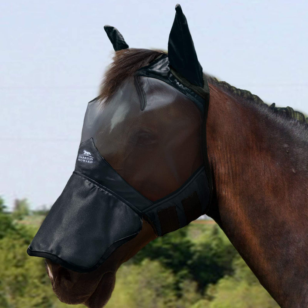 Harrison Howard Horse Fly Mask Superb Nose Protection with Ears UV Protection for Horse (Mars Black) Full (Large) Mars Black - PawsPlanet Australia