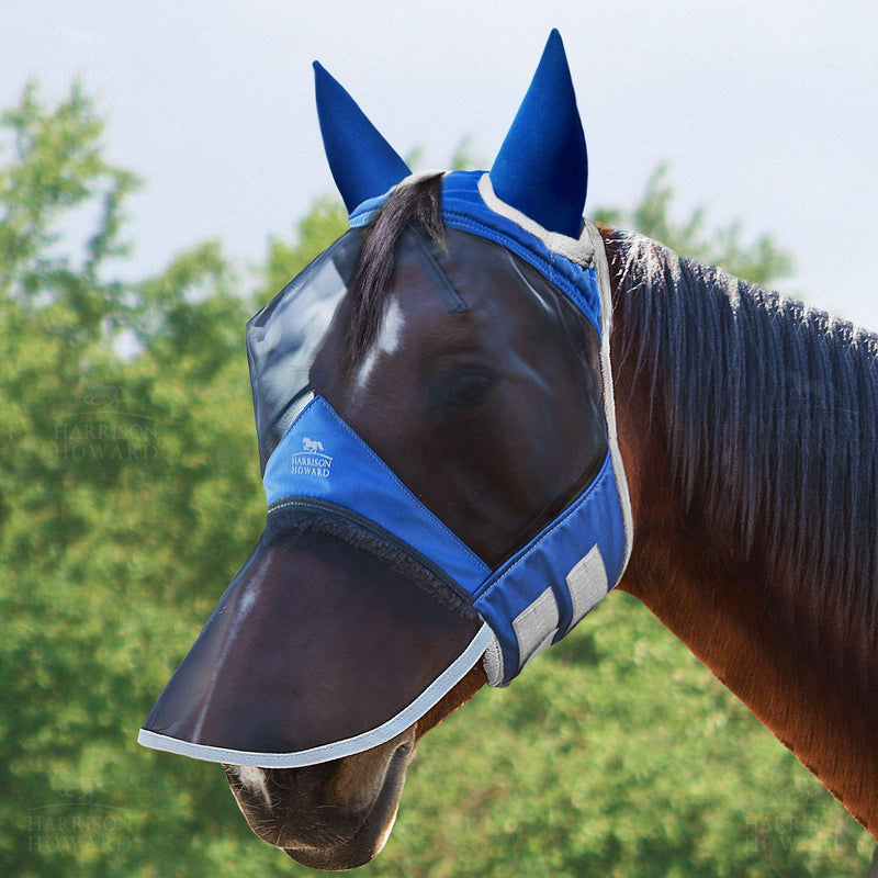 Harrison Howard Soundproof Horse Fly Mask Long Nose with Ears Mesh Fleece Padded UV Protection for Horse (Champion Blue) Cob (Medium) Champion Blue - PawsPlanet Australia