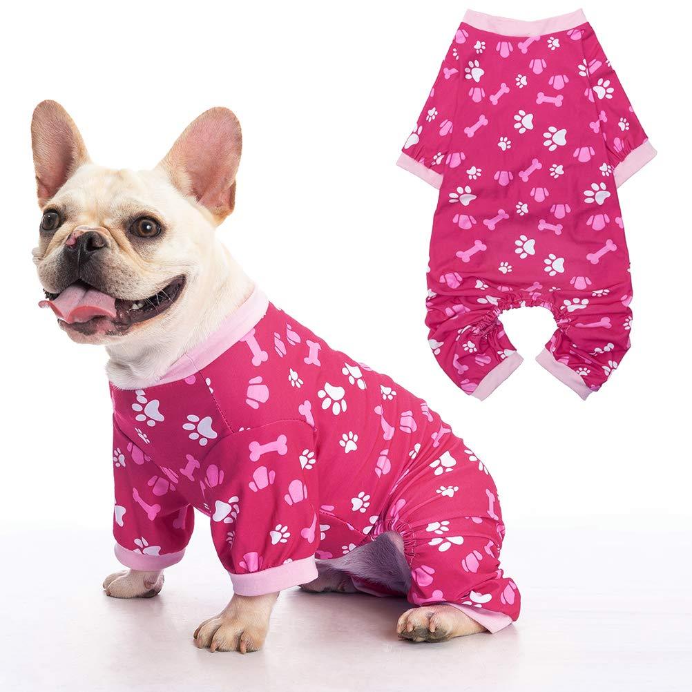 BINGPET Pet Pajamas Doggie Shirt for Dogs with Short Legs, Cute Bone and Footprint Pattern Soft Comfortable Pajamas for Indoor Small Medium Dogs, Pet Puppies SD Red - PawsPlanet Australia