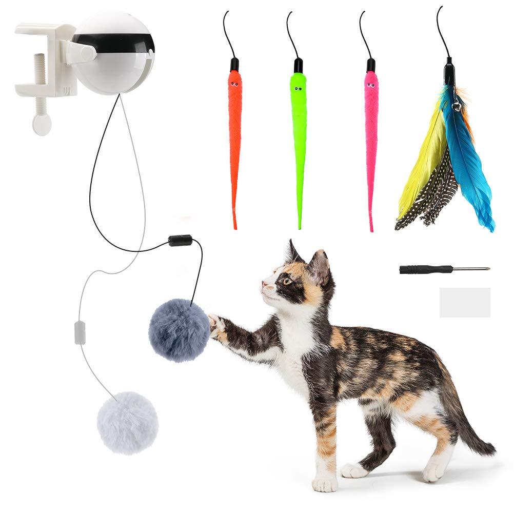 Automatic Interactive Cat Toys - Cat Teaser Ball with 4 Refills - Cat Plush Toy & Feather Toy - Up and Down for Indoor Cats - PawsPlanet Australia