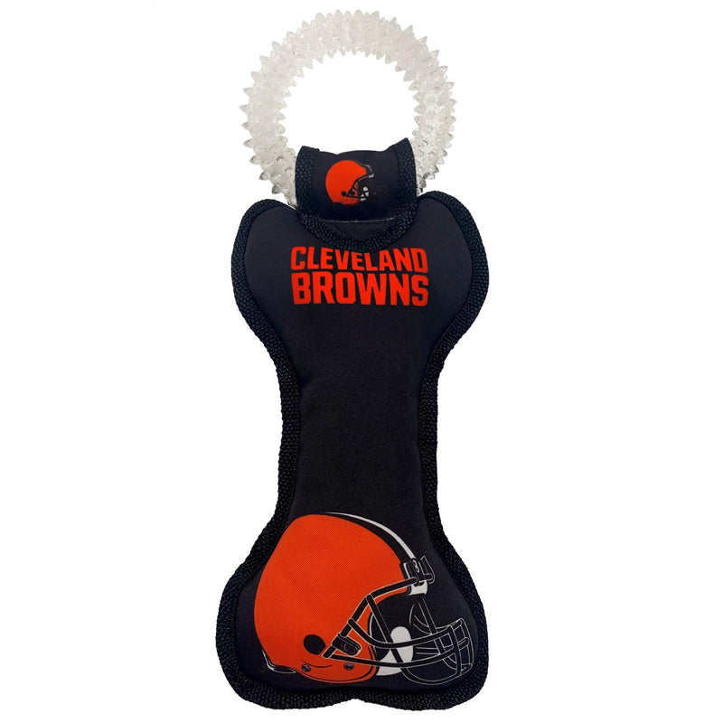 Pets First NFL Cleveland Browns Football Dental Tough Dog TUG Bone Toy with Built-in Squeaker Attached to a Safe Rubber Teething Toothbrush PET Toy, Team Color, 14 x 5 (CLE-3310) 14 x 5" - PawsPlanet Australia