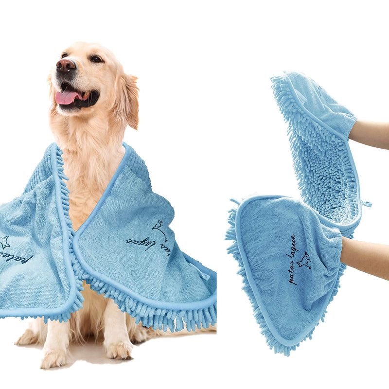 Patas Lague Luxury Absorbent Dog Towel, 35x15 Extra Large Microfiber Quick Drying Dog Shammy with Hand Pockets Pet Towel for Dog and Cat, Machine Washable 24'' x 14'' Blue - PawsPlanet Australia