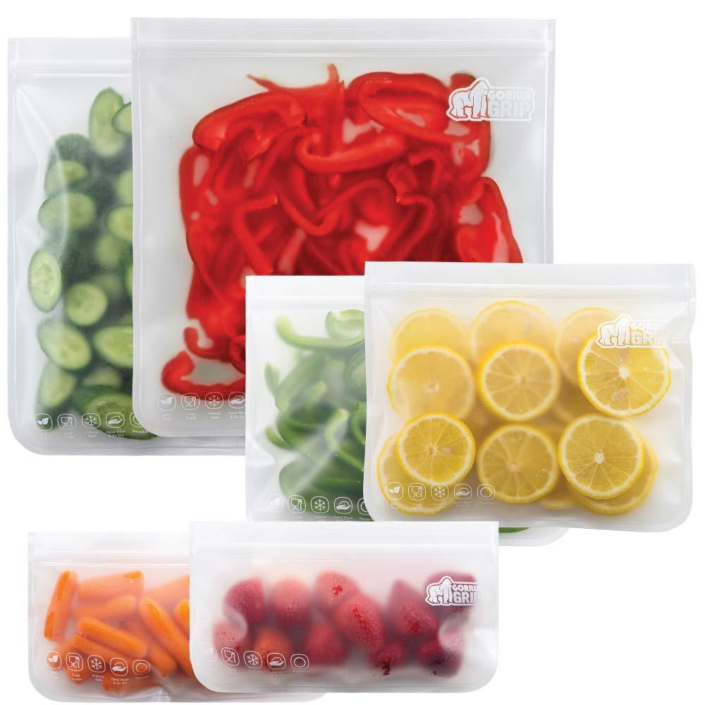 Gorilla Grip Original Premium Reusable Food Storage Bags, 6 Pack, Leakproof Secure Zip Freezer Safe, PEVA Storage Baggies, Includes 2x Each: Snack, Sandwich, Gallon Sized Bag, Clear Color Set - PawsPlanet Australia