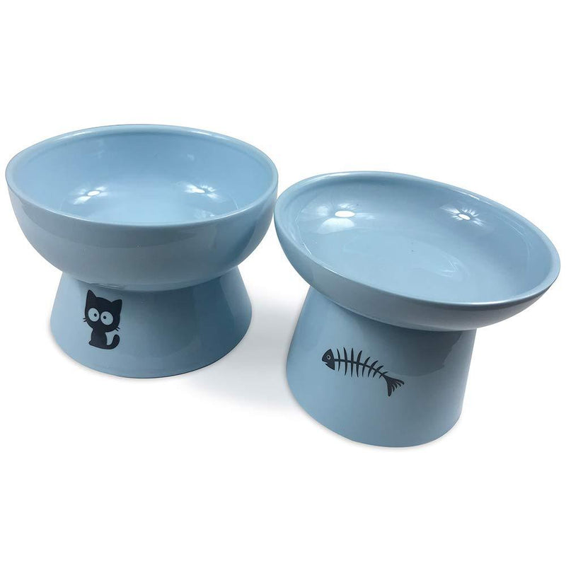 FOREYY Raised Cat Food and Water Bowl Set, Elevated Ceramic Cat Feeder Bowls with Anti Slip Band, Porcelain Pet Dish with Stand, Stress Free, Backflow Prevention, Dishwasher and Microwave Safe (Blue) Blue - PawsPlanet Australia