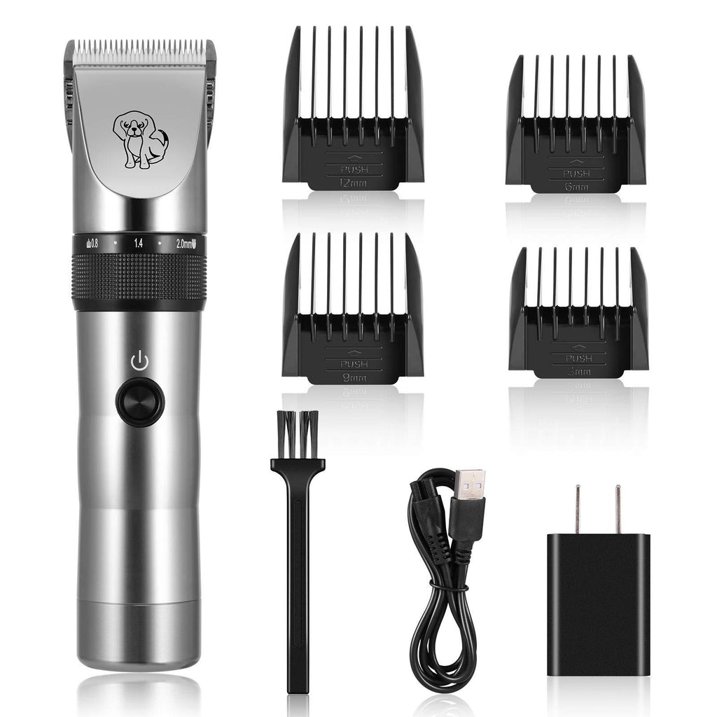 OUTAD Cat Dog Grooming Electric Clippers Kit, Low Noise Cordless High Performance Pets Hair Trimmer with USB Rechargeable Lithium Battery, Safe Washable Ceramic Coated Sharp Blades Silver - PawsPlanet Australia