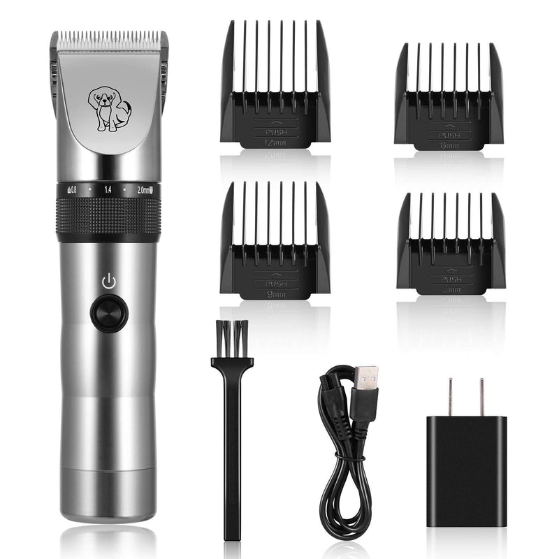 OUTAD Cat Dog Grooming Electric Clippers Kit, Low Noise Cordless High Performance Pets Hair Trimmer with USB Rechargeable Lithium Battery, Safe Washable Ceramic Coated Sharp Blades Silver - PawsPlanet Australia