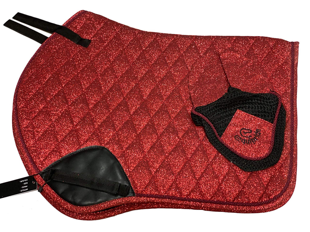 Equipride GP SADDLE PAD SHIMMER WITH MATCHING FLY VEIL SPARKLE GLITTER FABRIC RED (Full/Cob) Full / Cob - PawsPlanet Australia