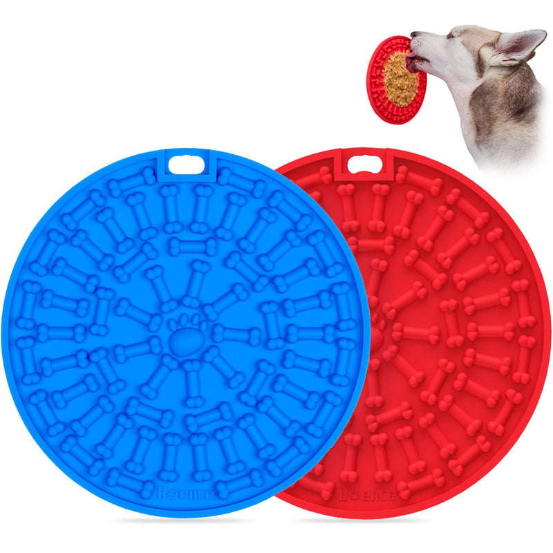 [Australia] - Dog Lick Pad 2Pcs, Slow Dispensing Treater Mat with 37 Strong Suctions to Wall, Dog Bath Distraction Device, Peanut Butter Lick Mat for Pet Bathing, Grooming and Dog Training Round with suction cup Blue & red B 