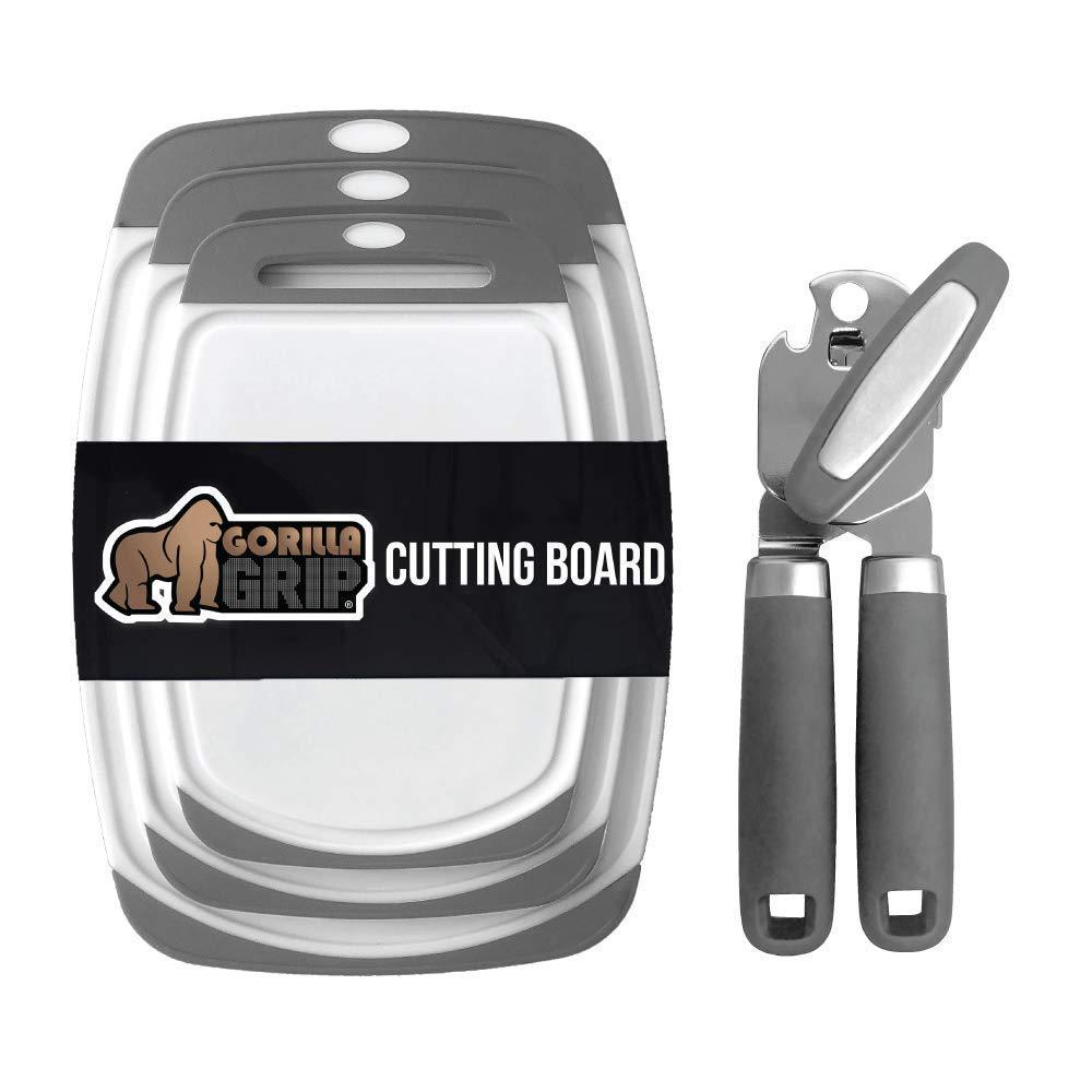 Gorilla Grip Cutting Board Set of 3 and Manual Can Opener, Both in Gray Color, Can Opener Includes Built in Bottle Opener, 2 Item Bundle - PawsPlanet Australia