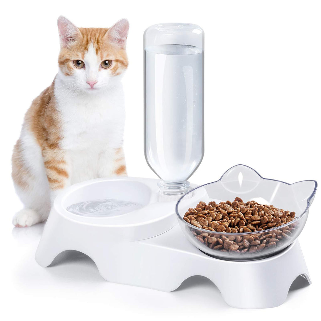 MILIFUN Double Dog Cat Bowls - Pets Water and Food Bowl Set, 15°Tilted Water and Food Bowl Set with Automatic Waterer Bottle for Small or Medium Size Dogs Cats White - PawsPlanet Australia