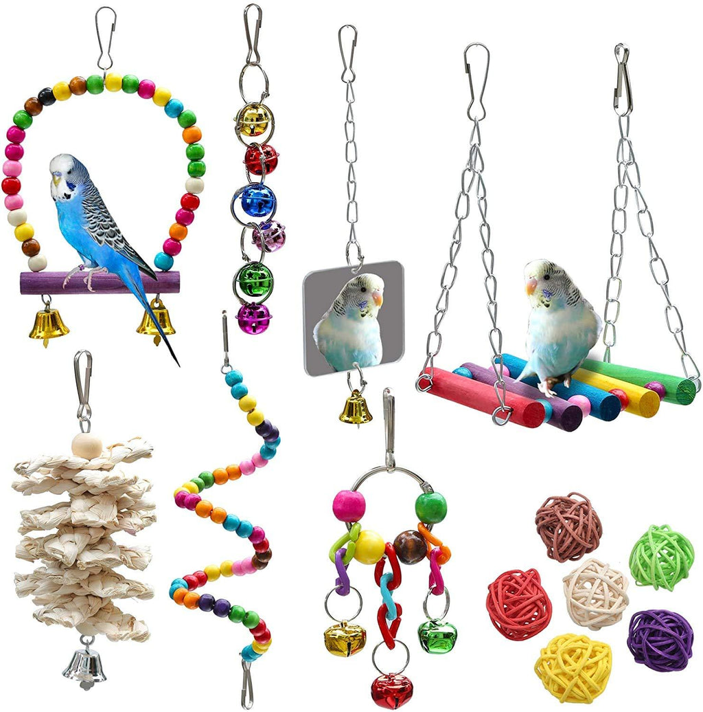 [Australia] - PUTING 13 Pcs Bird Parrot Toys, Include 7 Hanging Birds Cage Toys Hammock Swing Bell and Chewing Toys and 6 Rattan Balls for Small Parrots, Cockatiels, Parakeets, Conures, Love Birds, Finches 