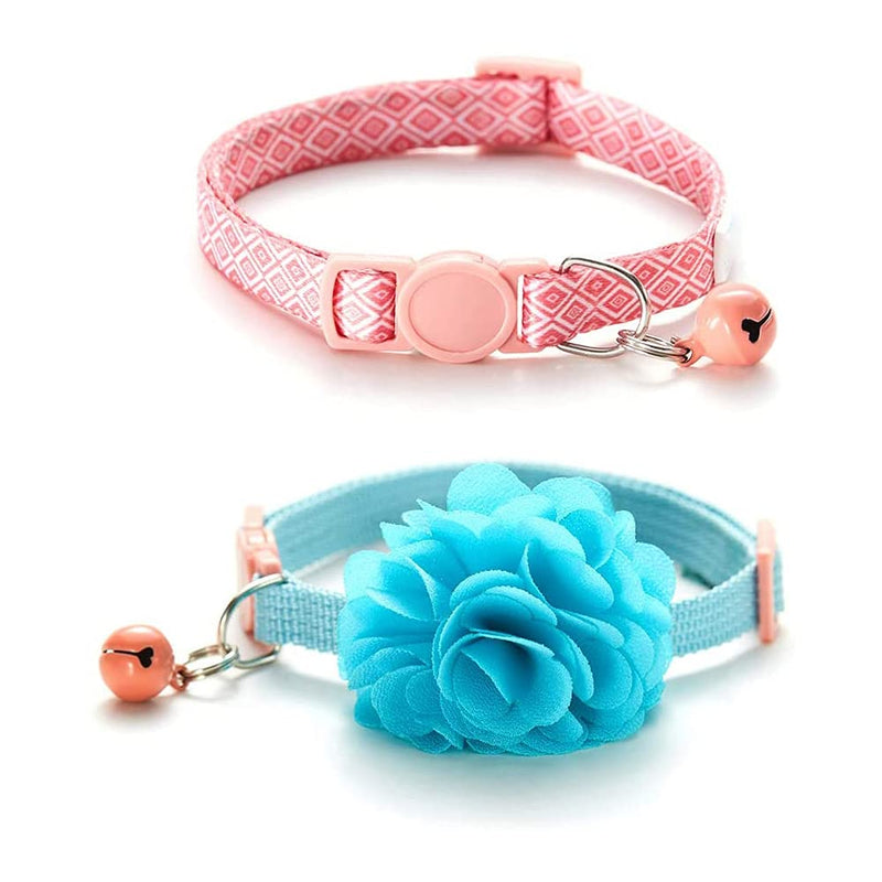 Nourse Chowsing 2Pcs Kitten Collars with Flower Breakaway Cat Collars with Bell Adjustable Strap Kitten Collars for Girls Safety Buckle Cat Collars Blue - PawsPlanet Australia