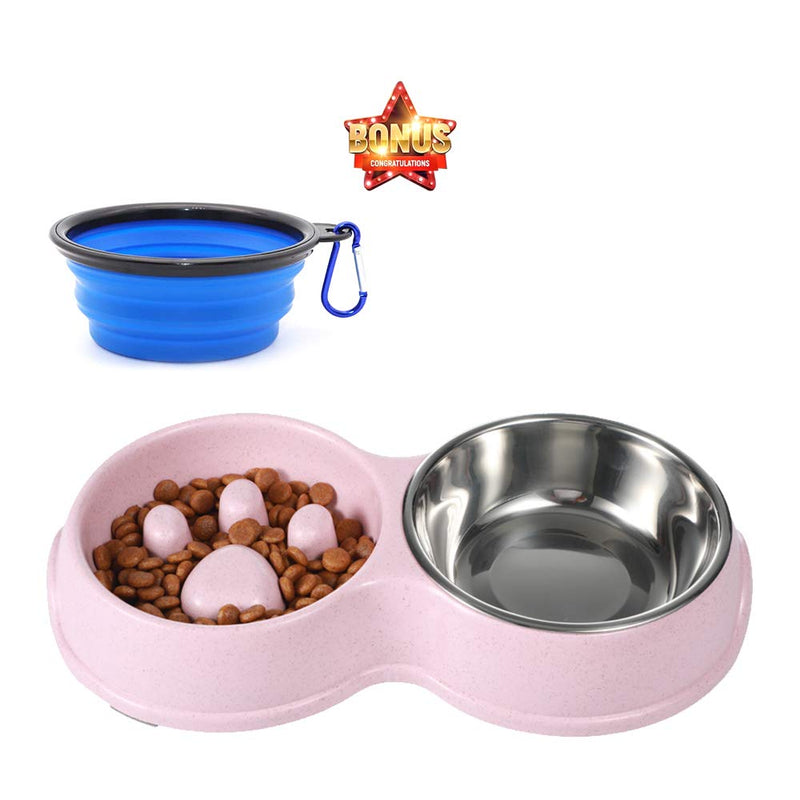 HXN Slow Feeder Dog Bowls with Non-Slip Bottom, Double Cat Dog Feeder Cat Bowl with Detachable Stainless Steel Bowl, Dog Food and Water Bowl for Small Medium Dog Cat, Collapsible Dog Bowls as a Gift pink - PawsPlanet Australia