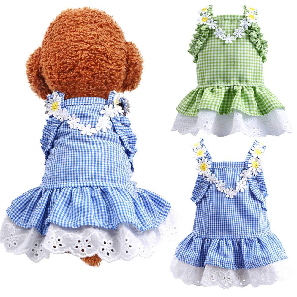 DOGGYZSTYLE 2 Pack Summer Dog Dresses Girl Puppy Cat Plaid Princess Dress Party Birthday Pet Vest Clothes for Small Medium Dogs X-Small Blue+Green - PawsPlanet Australia