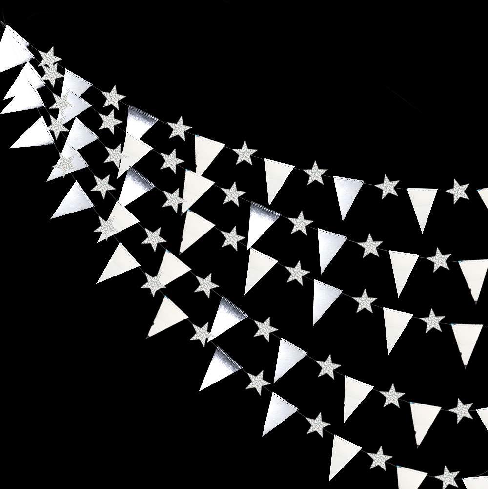 30 Ft Silver Party Decorations Triangle Flag Star Banner Double Sided Glitter Metallic Paper Pennant Bunting for Anniversary Birthday Wedding Bridal Shower Engagement Graduation Christmas Party - PawsPlanet Australia