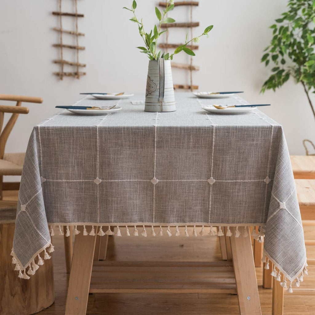 BUBIQUER Stitching Tassel Tablecloth, Cotton Linen Fabric Wrinkle Free Anti-Fading Dust-Proof Washable Tabletop Decoration for Kitchen Party (Checked, 55 x 55 inch Round) Grey 55 in Round - PawsPlanet Australia
