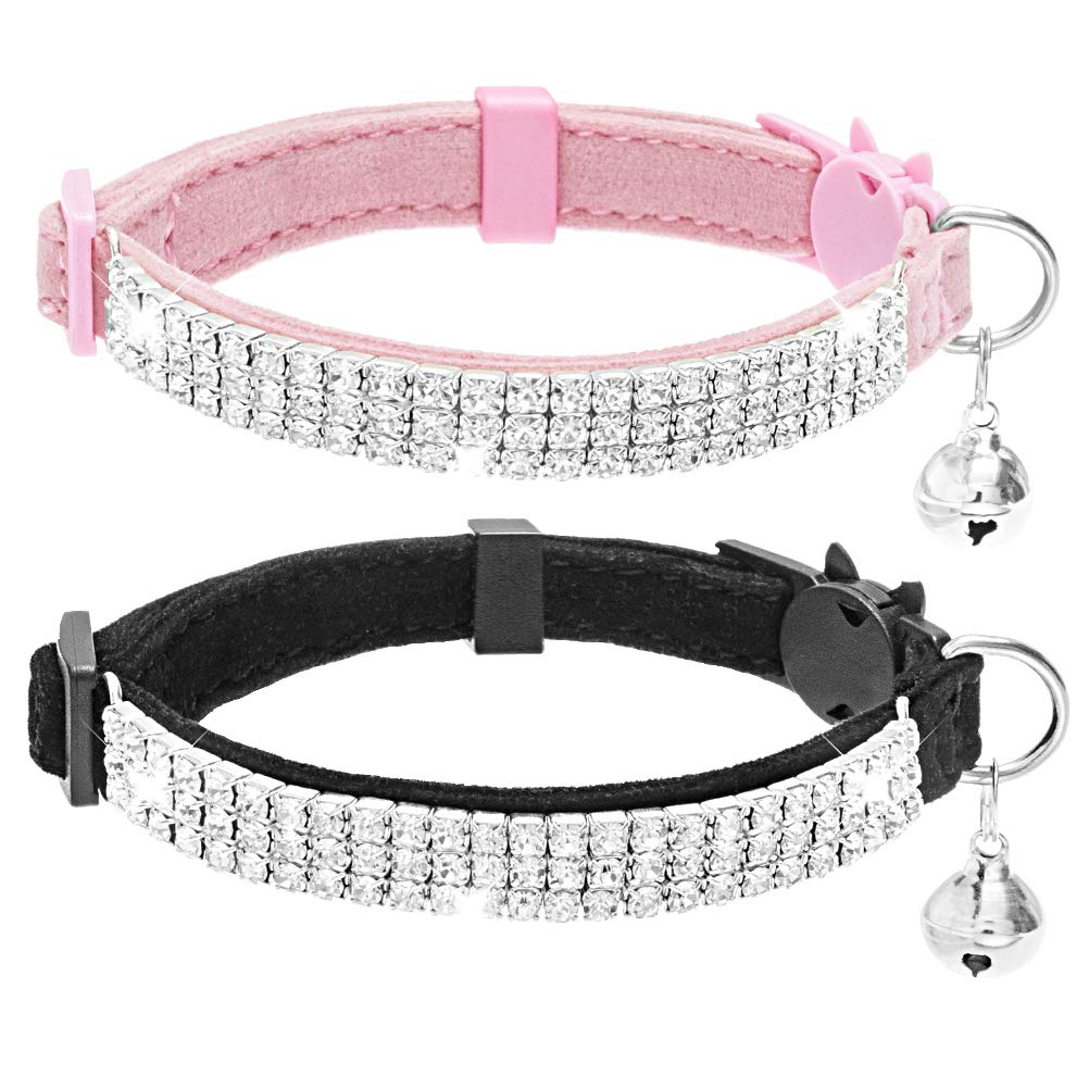 EXPAWLORER Cat Collar Breakaway with Bells - 2 Pack Rhinestones Bling Diamante Collars - Soft Velvet Safe Adjustable Shing Collar for Cats Kitty Girls and Small Dogs Black + Pink - PawsPlanet Australia