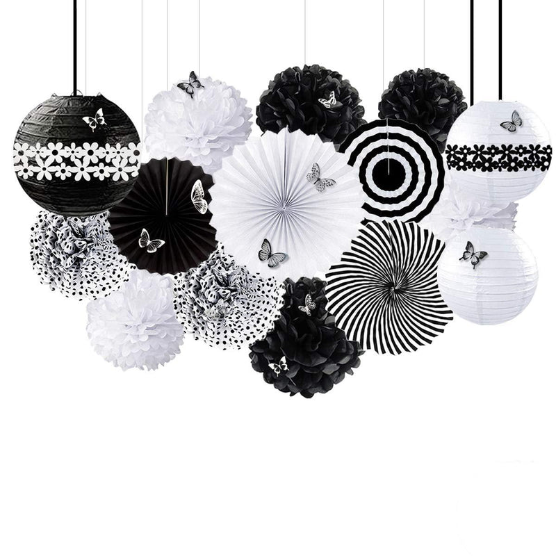 Black and White Party Decoration Kit Hanging Tissue Paper Fans Lanterns Flowers Pom Pom with 3D Butterfly for Wedding Engagement Birthday Baby Shower Anniversary Bachelorette Hen Party Decor Supplies - PawsPlanet Australia