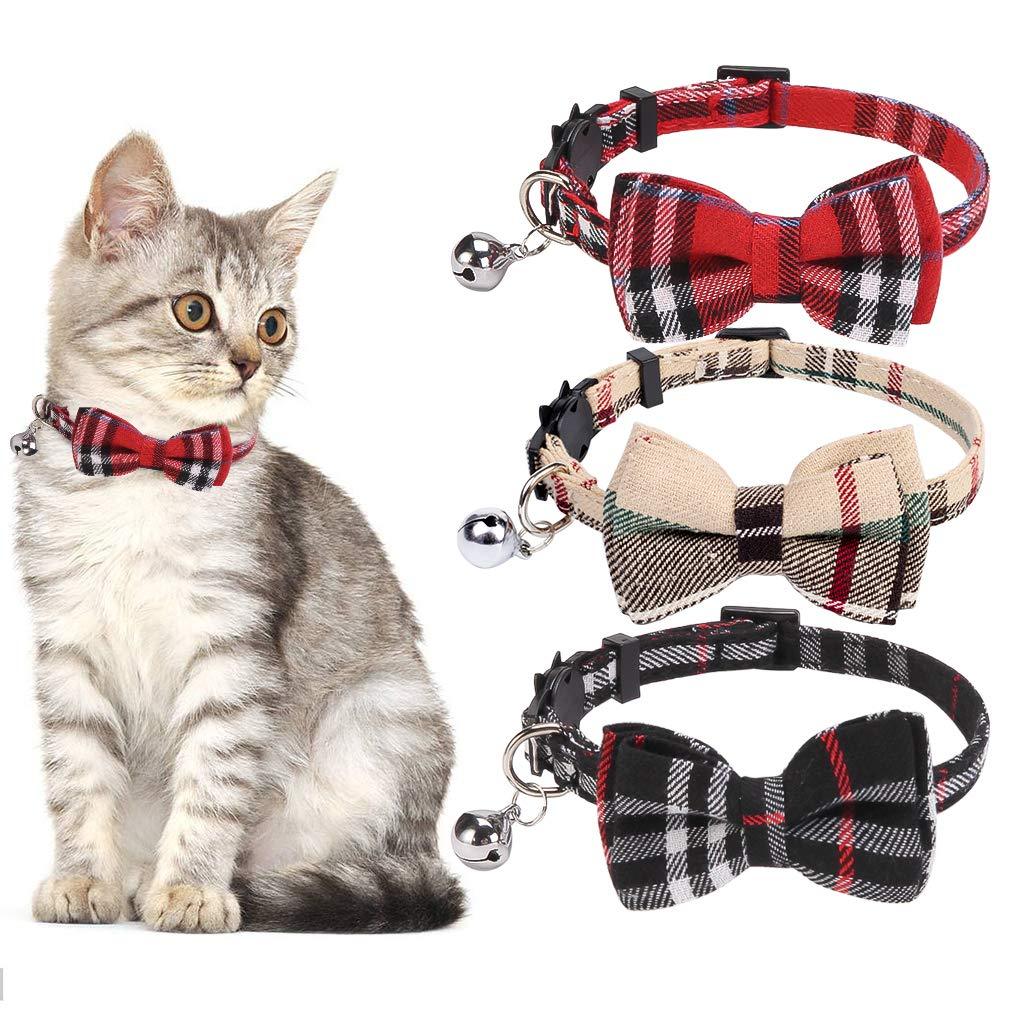 Breakaway Bowtie Cat Collars with Bell - 3 Pack Classic Plaid Kitten Collars with Removable Cute Cat Bow Tie, Adjustable 8-11 Inches for Kitty, Puppy - PawsPlanet Australia