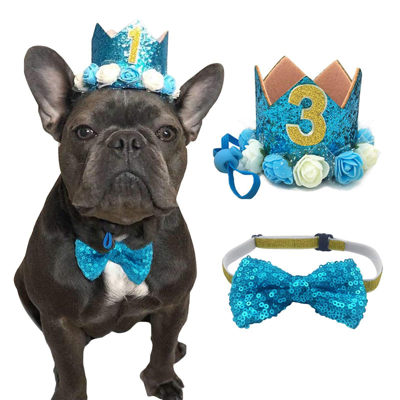 POSAPET Cat Dog Birthday Hat and Bow Tie Collar Set Pet Birthday Party Supplies Blue - PawsPlanet Australia