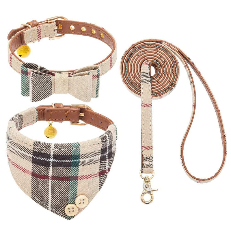 BINGPET Bow Tie Dog Collar with Leash Set - Cute Adjustable Classic Plaid Dog Bandana Collar with Bell, Fit for Small Dogs, Puppies and Cats Outdoor Walking Beige - PawsPlanet Australia