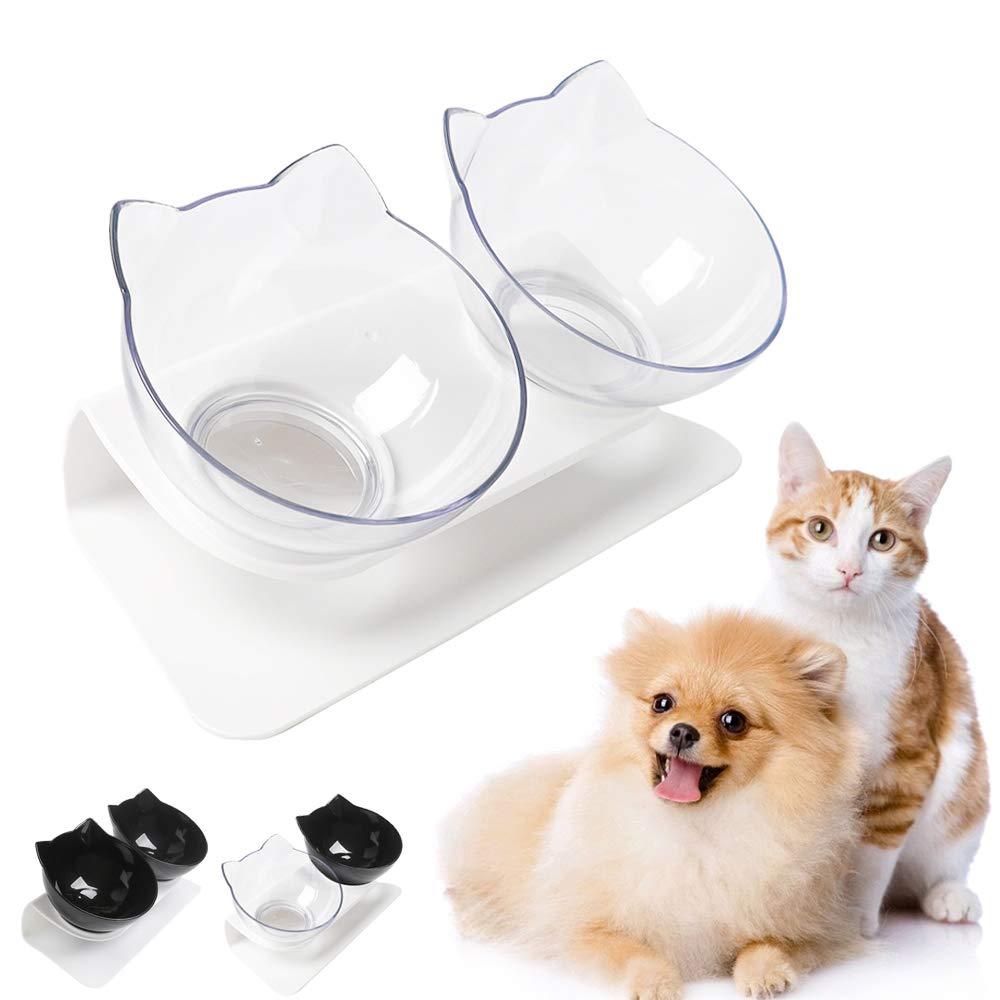 Elevated Double Cat Dog Bowls Raised Cat Dog Feeding Bowl with Raised Stand 15° Tilted Pet Food Water Feeder Bowl for Cats Small Dogs Kitten Dishes Rabbits, Anti Vomiting Reduce Neck Pain Double Bowls 2 Transparent - PawsPlanet Australia