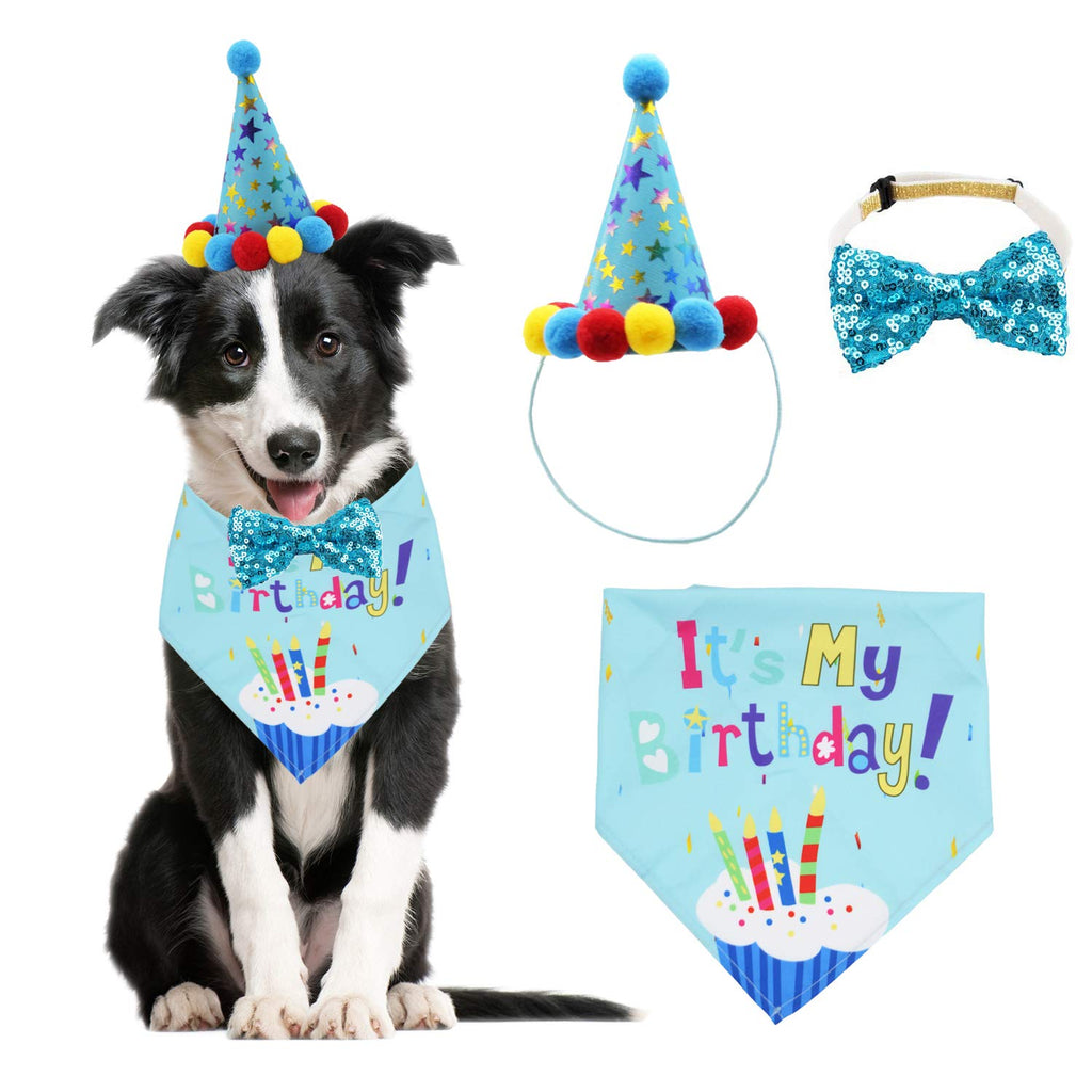 Dog Birthday Bandana Scarf and Dog Girl Boy Birthday Party Hat with Cute Dog Bow Tie Collar for Small Medium Dog Pet Large Blue - PawsPlanet Australia