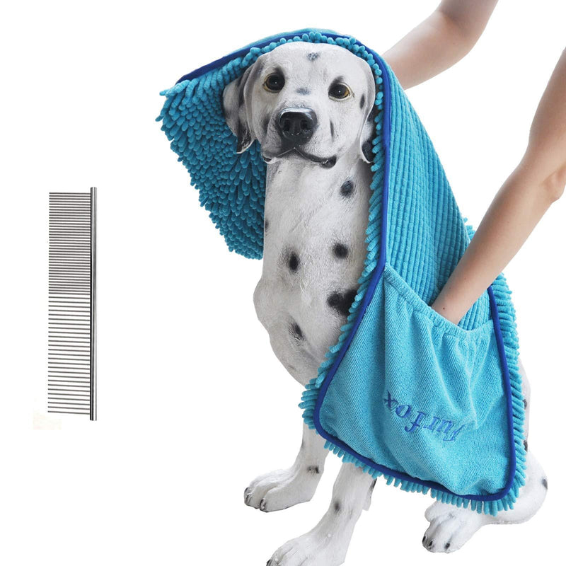 [Australia] - Furfox Absorbent Dog Towel, Microfiber Quick Drying Towel Machine Washable with Hand Pockets Pet Towel for Medium Large Dog 35 x 15'' Blue 