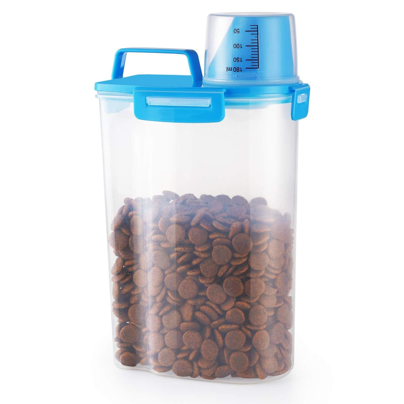 Yicostar Pet Food Storage Container, Airtight Small Dog Food Container Cat Food Container with Measuring Cup, Upgraded Large Pour Spout and 4 Seal Buckles Food Dispenser for Pets Food and Birds Seed Blue - PawsPlanet Australia