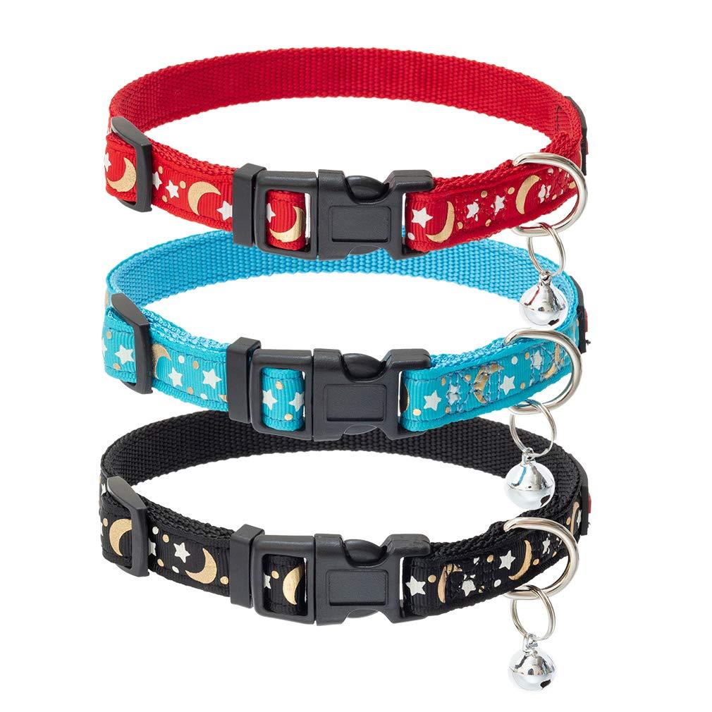 BINGPET Luminous Dog Collar with Bell 3 Pack - Adjustable Soft Pet Puppy Collar with Popular Star and Moon Patterns, Fit for Small and Medium Dogs, Glow in The Dark Red - PawsPlanet Australia