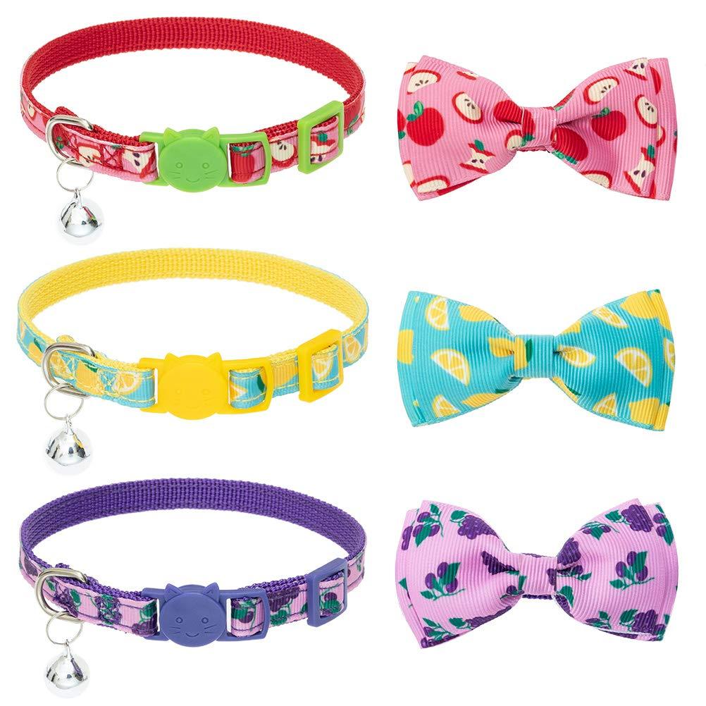 [Australia] - BINGPET Breakaway Bow Tie Cat Collar with Bell - 3 Pack Adjustable Safety Cute Kitty Collars with Detachable Bowtie Fruit Patterns, Lemon, Apple, Grape 