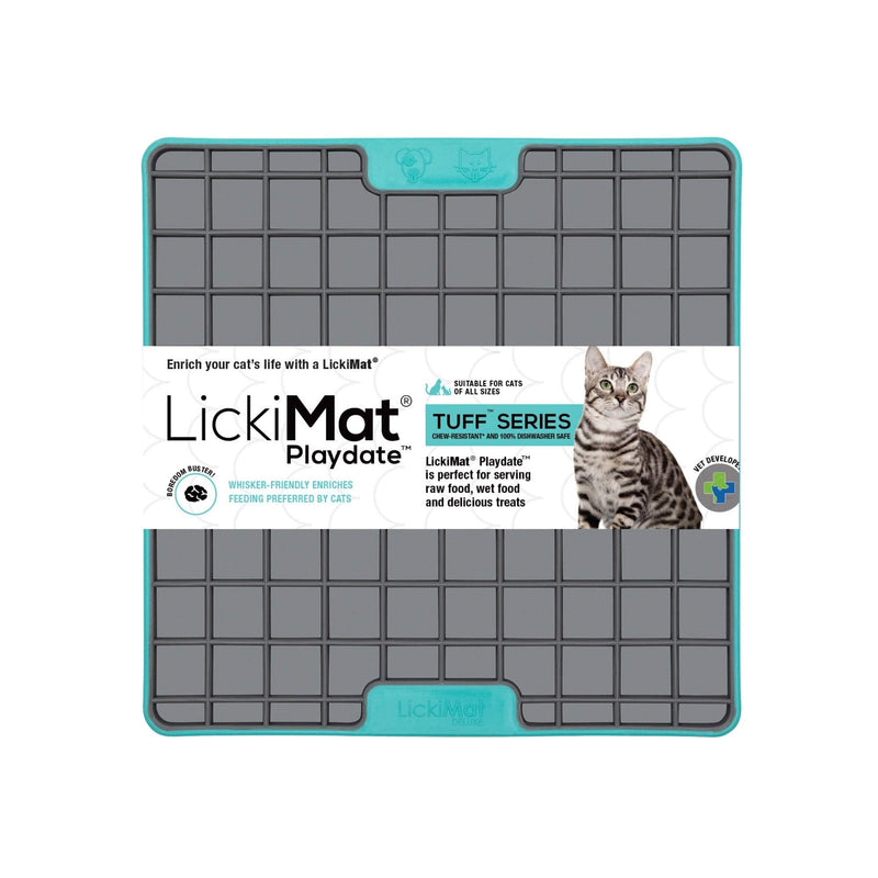 Lickimat Tuff Cat, Heavy-Duty Slow Feeders Lick Mat, Boredom Anxiety Reducer; Perfect for Food, Treats, Yogurt, or Peanut Butter. Fun Alternative to a Slow Feed Cat Bowl or Dish! Turquoise Playdate - PawsPlanet Australia