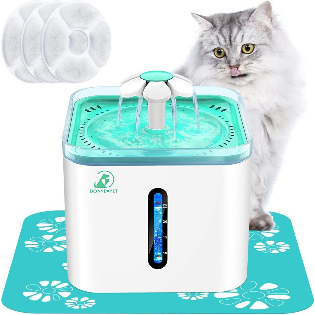 Bonve Pet 2.5L/84oz Cat Water Fountain Automatic Pet Water Fountain Intelligent Pump Led Water Indicator 3 Replacement Filter&1 Silicone No-Slip Mat for Inside Cats Dogs Multiple Pet Water Dispenser - PawsPlanet Australia
