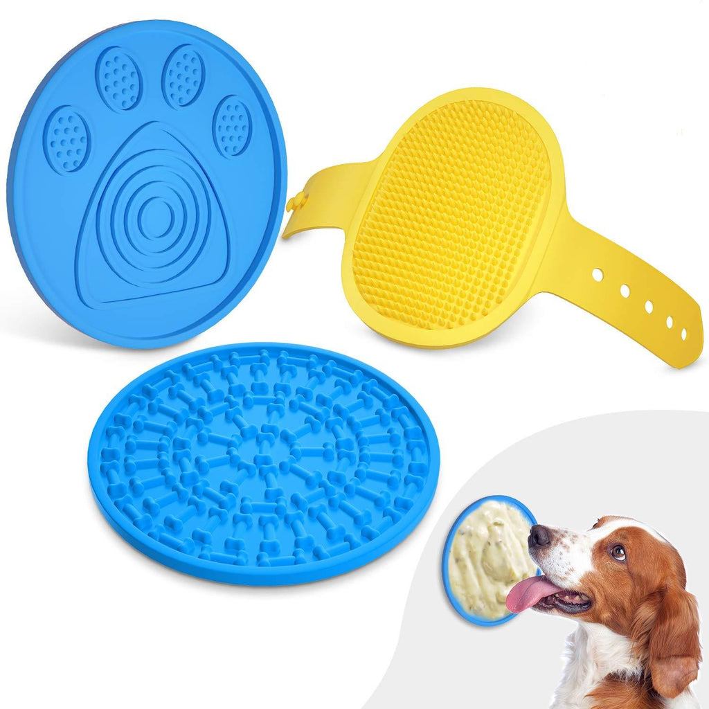 [Australia] - PuppyDoggy 2 Pack Dog Lick Mat for Dogs Silicone Slow Feeder Mat Super Suction Dog Bath Distraction Device Peanut Butter Lick Pad for Bathing Grooming Training Blue+blue+yellow 