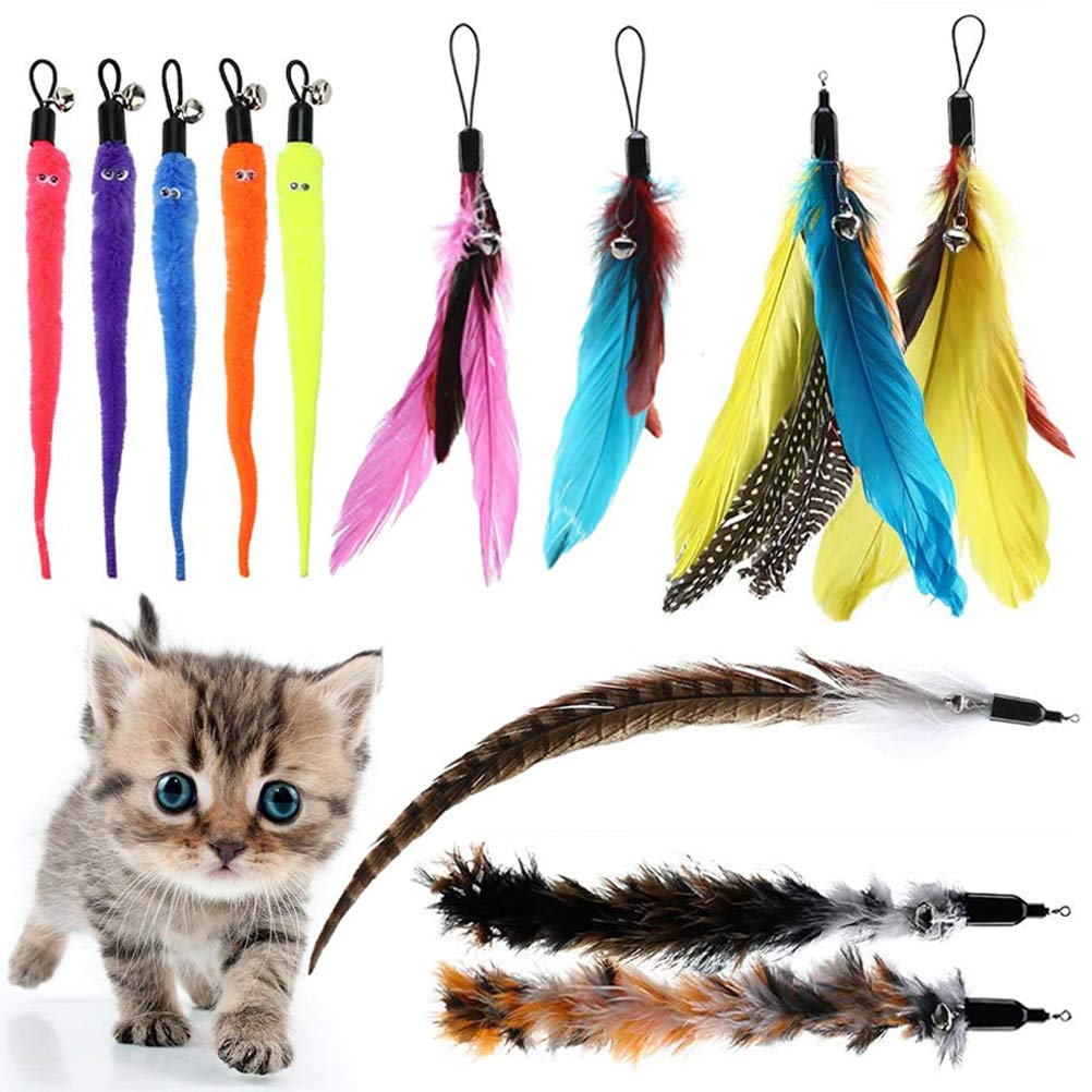 BINGPET Cat Feather Toys Replacement - 12 Pack Cat Interactive Toys for Indoor Cats, Multi Teaser Toys Refills with Bells for Cat Wands, Assorted Feathers and Soft Furry Tail - PawsPlanet Australia