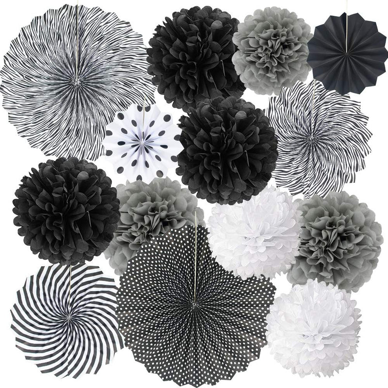 Black White Hanging Paper Party Decorations, Round Pattern Paper Fans Set with Tissue Paper Pom Poms Flower Balls for Halloween Wedding Bridal Baby Shower Graduation Events Accessories, Set of 14 Black White - PawsPlanet Australia