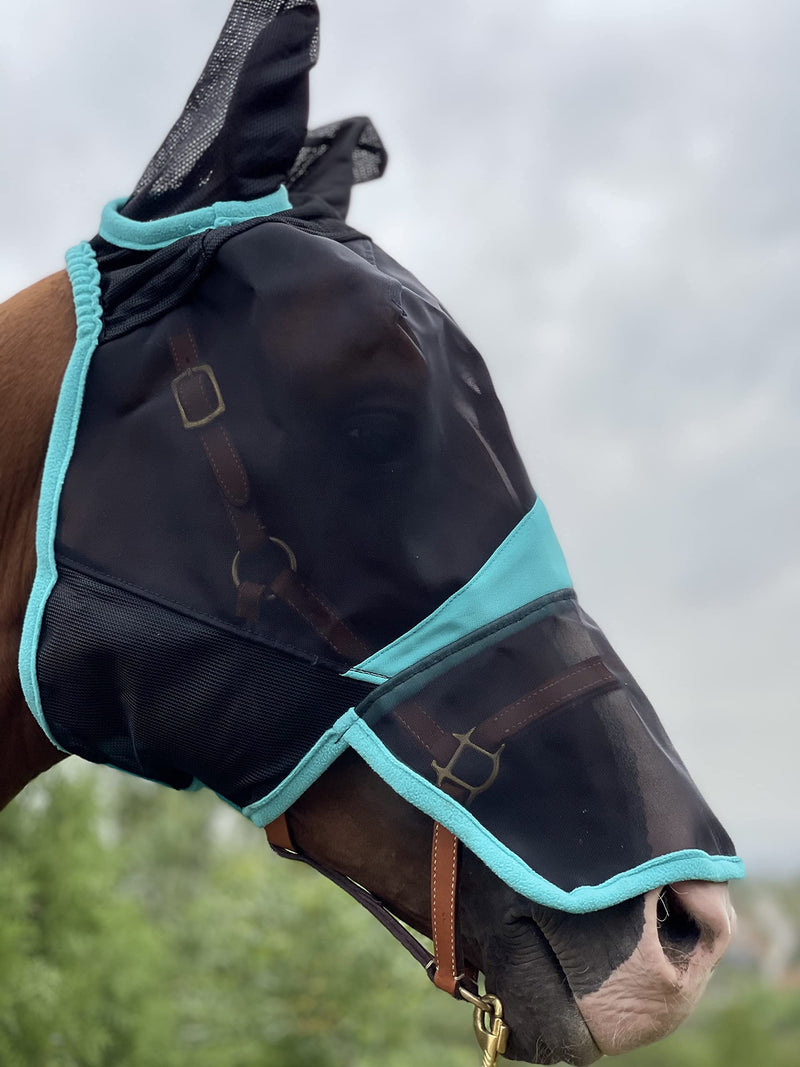 TGW RIDING Horse Mask Full Face Mesh Fly Mask Fine Mesh with Ears and Long Nose (Warmblood, Black/Turquoise) - PawsPlanet Australia