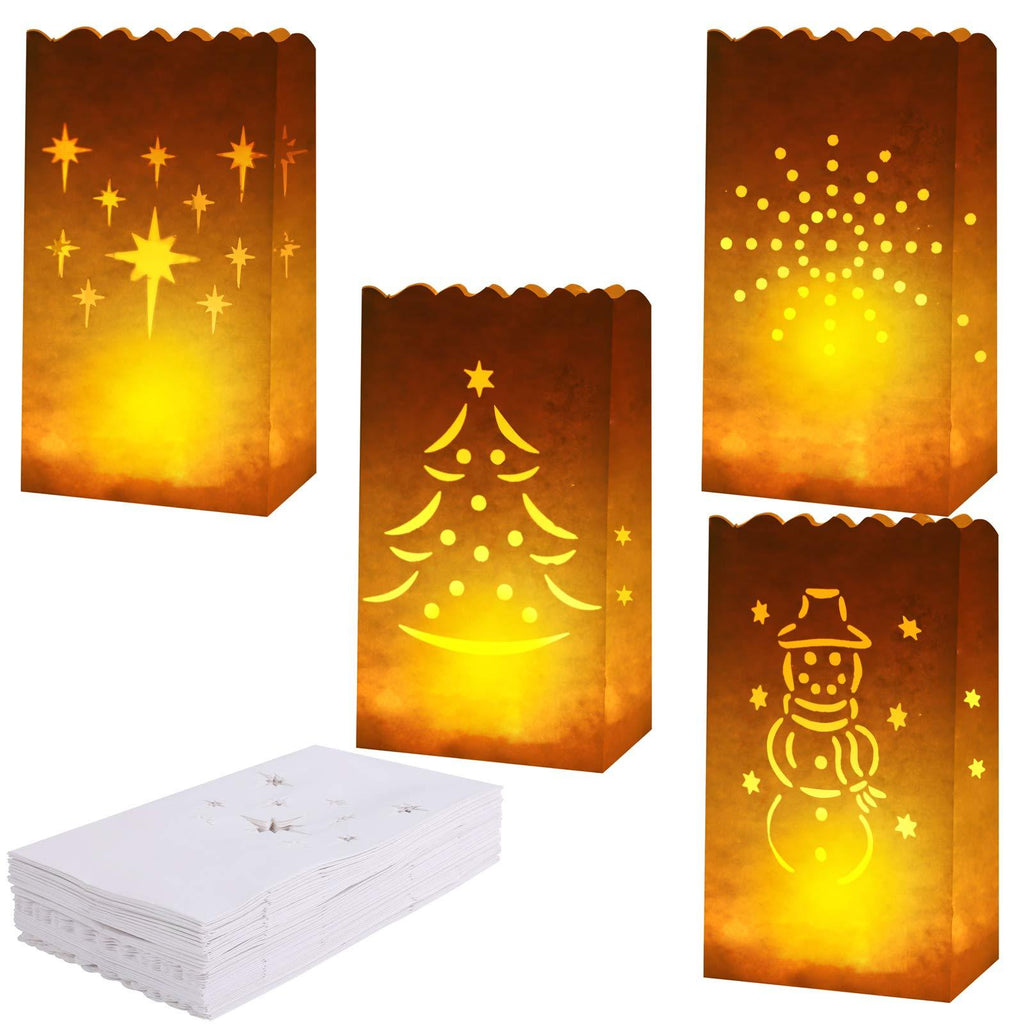 ANECO 40 Pieces Paper Luminary Bags White Candle Bags Flame Resistant Lantern Bags Tealight Luminaries 4 Designs with Tree, Stars, Sunburst, Snowman for Christmas, Party Decoration - PawsPlanet Australia