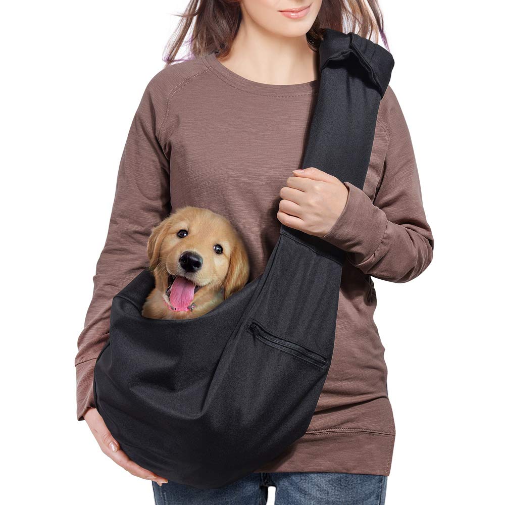 AOFOOK Dog Cat Sling Carrier Adjustable Padded Shoulder Strap with Mesh Pocket for Outdoor Travel Black L - 10 to 20 lbs - PawsPlanet Australia