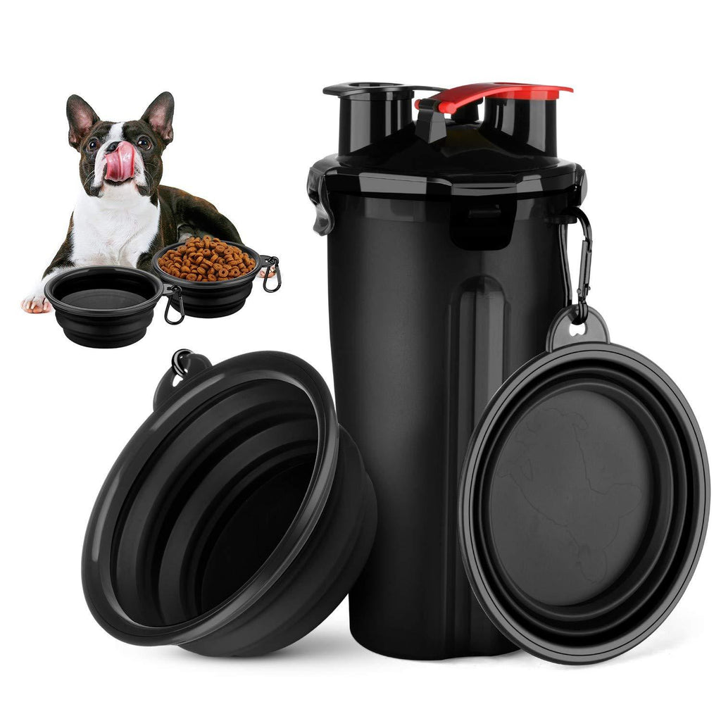 HETH Dog Travel Water Bottle, 2 in 1 Portable Dog Water Dispenser and Food Container with 2 Collapsible Bowls for Your Pets Walking and Traveling Black - PawsPlanet Australia