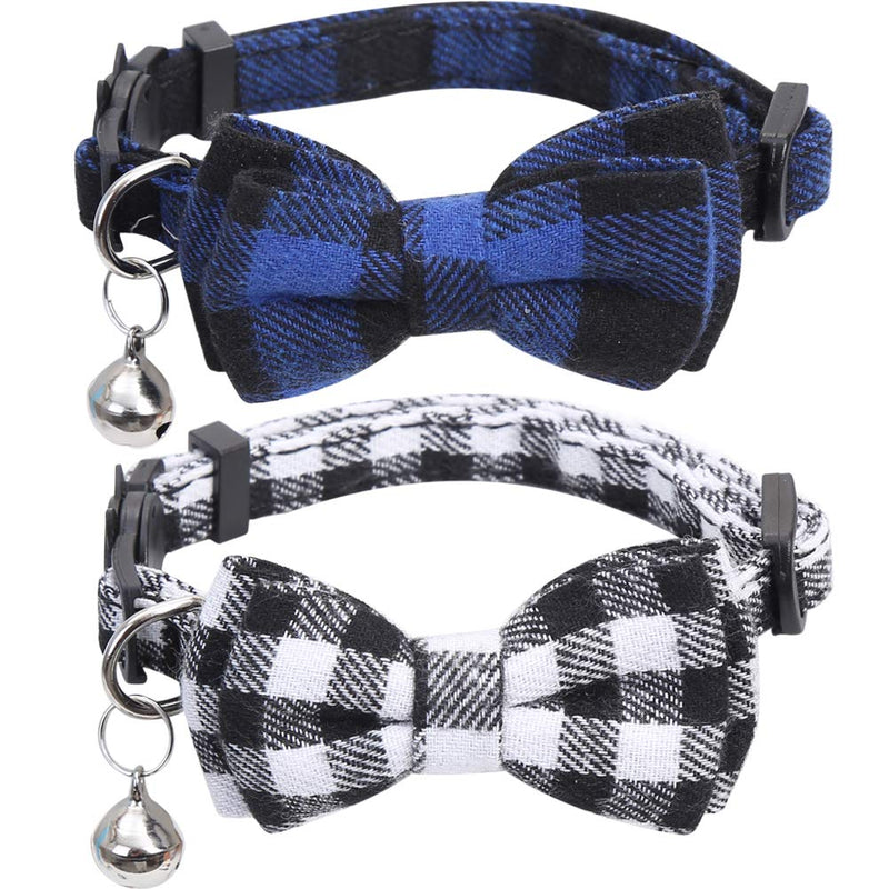 [Australia] - Lamphyface 2 Pack/Set Cat Collar Breakaway with Cute Bow Tie and Bell for Kitty Adjustable Safety Plaid Navy&white 