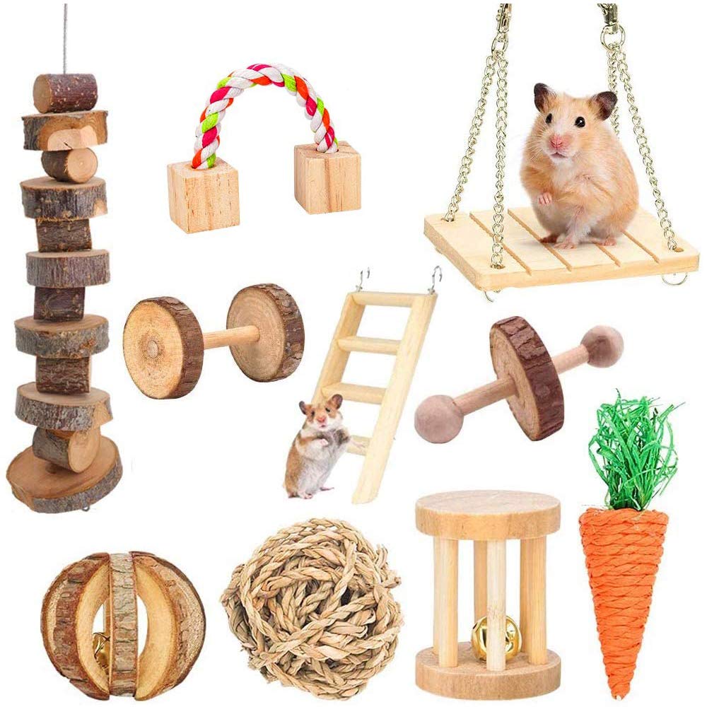 Supmaker Hamster Chew Toys, Guinea Pig Toys Natural Wooden Gerbil Rats Chinchillas Toys Accessories Dumbbells Exercise Bell Roller Teeth Care Molar Toy for Birds Bunny Rabbits Gerbils - PawsPlanet Australia