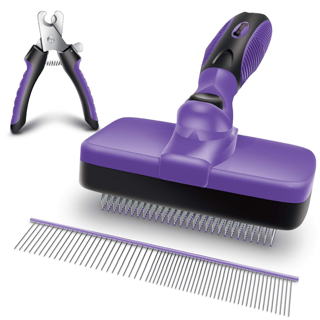 [Australia] - Ruff 'n Ruffus Self-Cleaning Slicker Brush + Free Pet Nail Clippers + Free 7.5" Steel Comb | Upgraded Pain-Free BRISTLES | Cat Dog Brush Grooming Gently Reduces Shedding & Tangling for All Hair Types Purple (With Free Bonus) 