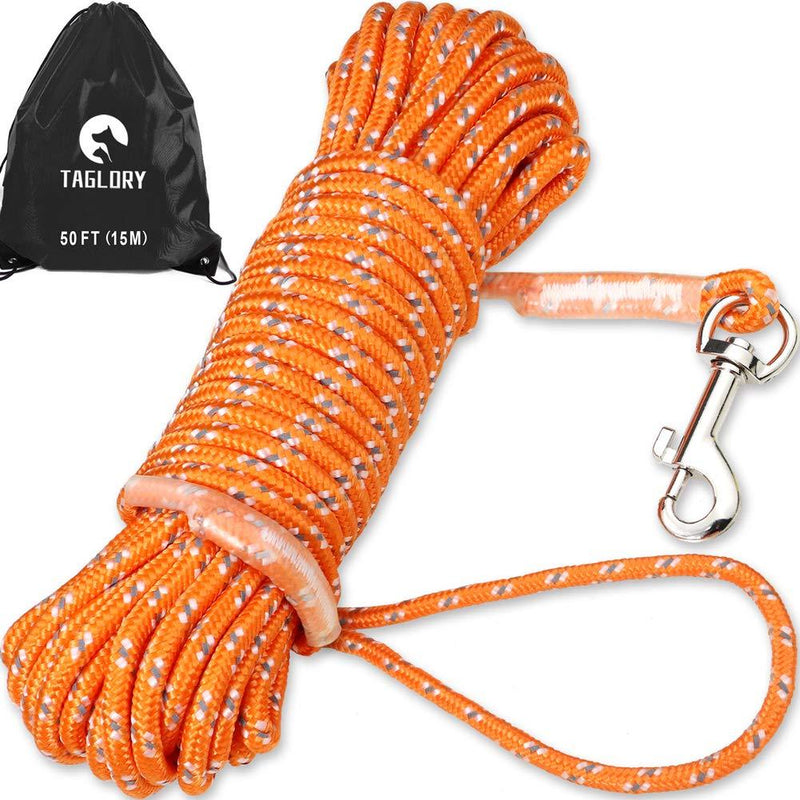 Taglory 15m/50ft Dog Training Lead, Long Leads Rope Nylon Recall Obedience Line Leash for Puppy and Small Dogs, Orange 15m- Diam 6mm- 1 Hook - PawsPlanet Australia