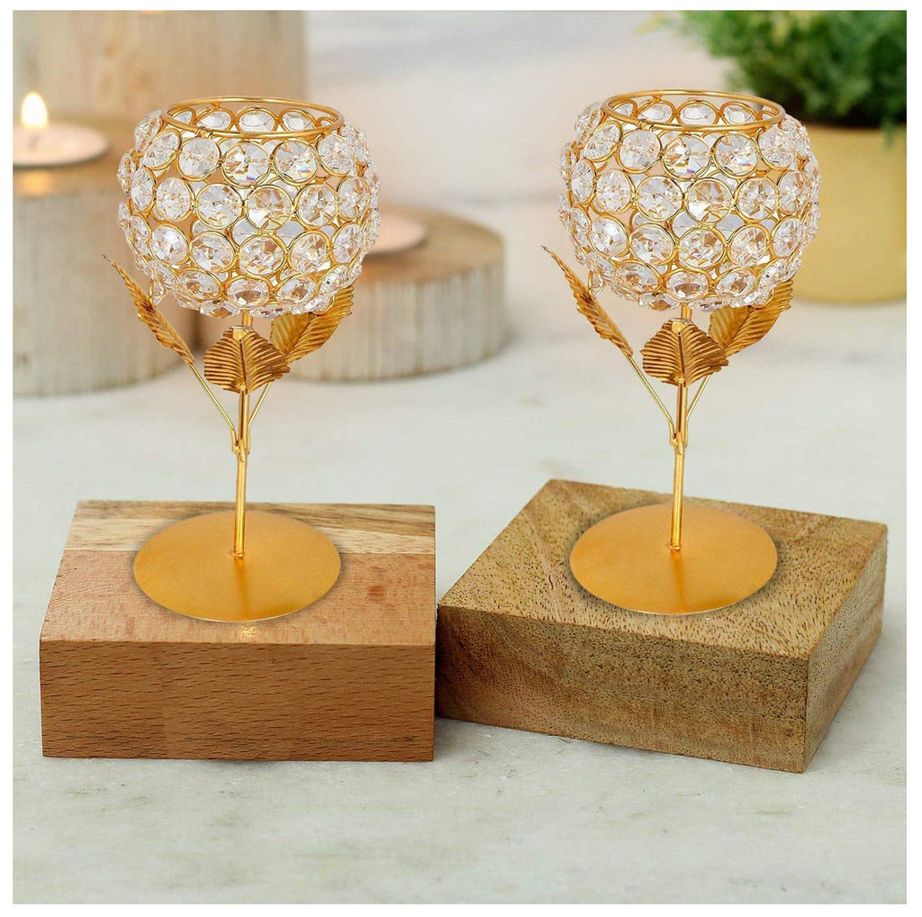 NOBILITY Gold Plated Crystal Candle Holder Tea Light Stand Votive Decorative Tealight Holders for Home Office Living Room Indoor Garden Dining Centerpiece Decoration 2 Pcs PACK OF 02 - PawsPlanet Australia