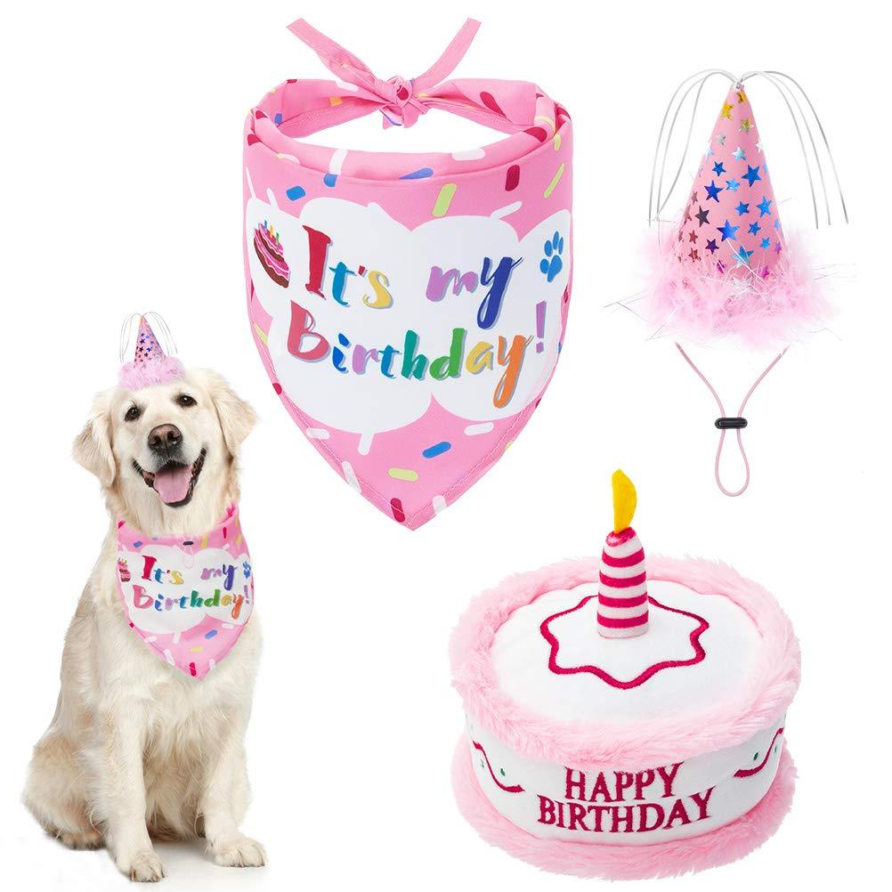 EXPAWLORER Dog Birthday Bandana Set - Cute Hat and Squeaky Cake Toy for Birthday Party Supplies Gift - Great for Small Medium Large Dogs Pink - PawsPlanet Australia